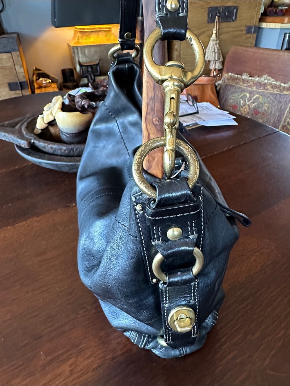 Coach CARLY Black Leather Hobo with lots of cool Brass Hardware. Elegant luxury - Picture 7 of 16